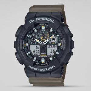 Casio G-Shock GA100TU-1A3DR LED Day Date Display Black Analog Digital Dial Olive Green Resin Band Watch New